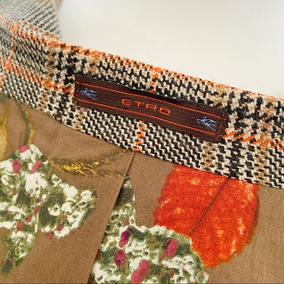 ETRO brown tan orange plaid print colorful leaf inside sport coat blazer jacket - Picture 12 of 14